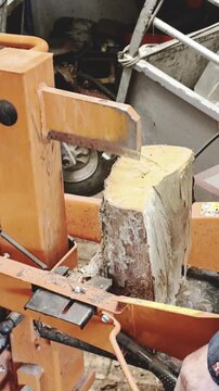 Hydraulic log splitter cutting firewood for winter
