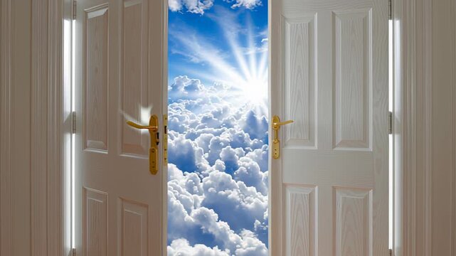 Open doors reveal bright sunlight streaming through clouds, creating a serene and inviting atmosphere with a clear blue sky in the background