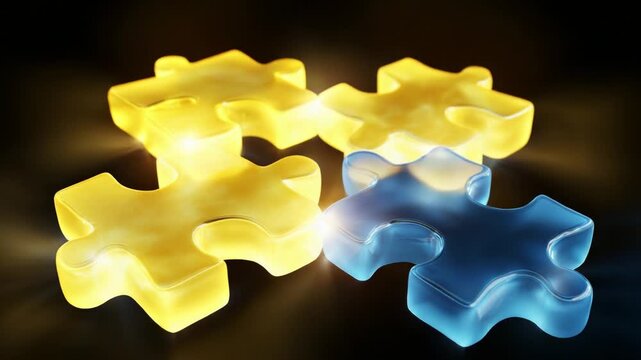 Illuminated Puzzle Pieces: A Stunning Visual Journey Through Translucent Blue and Yellow Forms That Capture the Essence of Connection, Creativity, and Problem Solving in a Vibrant Display of Light