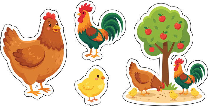 Cute Farm Chicken, Rooster, Chick, and Tree Sticker Set