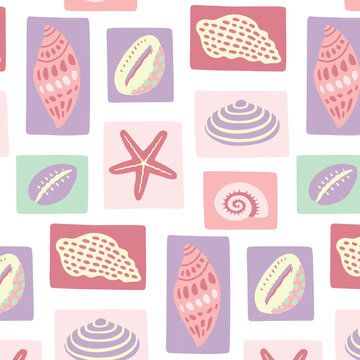 Retro hand drawn seashell mosaic seamless pattern. Tropical summer background illustration. Vintage marine nature print. Patchwork style shell animal wallpaper texture.
