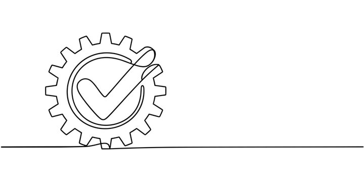 Continuous One line drawing of Gear with Green Checkmark inside, Single line art of Gear and Tickmark, Doodle design. vector illustration, Gear wheel with check mark continuous one line drawing.