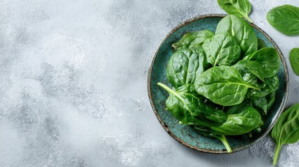 Obraz premium Fresh spinach leaves on rustic plate against textured gray background.