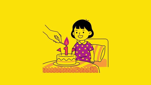 Happy First Birthday Celebration Child Watching Candle Lighting, Cute Vector Drawing Animation of Hand Lighting Number One Candle on Baby's Cake