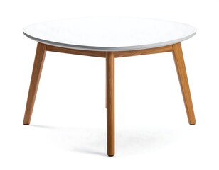 A white round table with three wooden legs on a plain background
