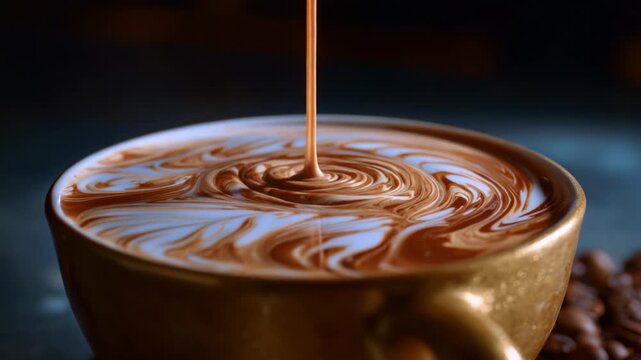 A mesmerizing swirl of rich chocolate syrup pouring into a creamy cup, creating intricate patterns on the surface of a warm dessert beverage, inviting indulgence.