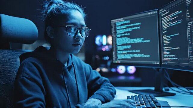 Young female hacker programming and developing software at night