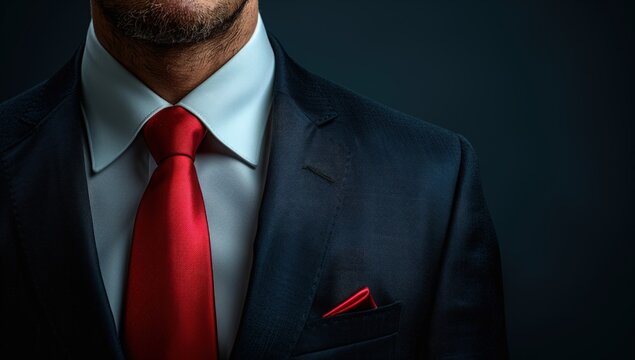 Professional man in dark suit, white shirt, vibrant red tie and pocket square