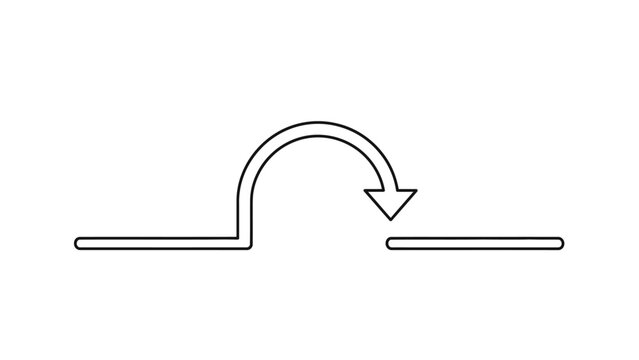 Curved arrow jumping a gap between two horizontal lines