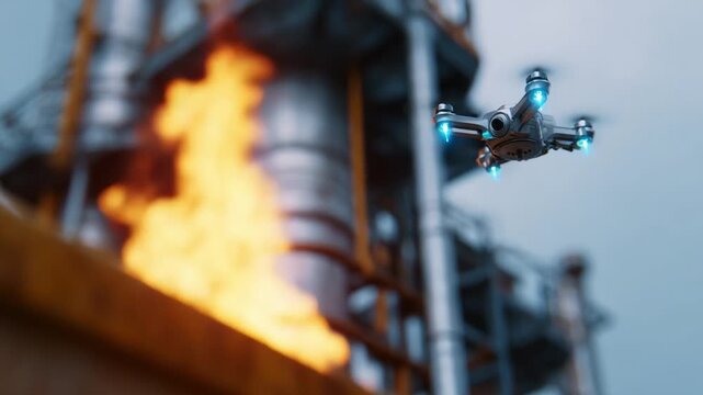 A high-tech drone equipped with vibrant blue lights hovers near an industrial facility, capturing vivid imagery of a controlled fire at a refinery, set against a dramatic smoky sky