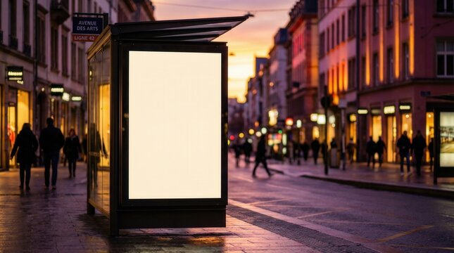 Illuminated blank advertising billboard mockup at a European bus stop during twilight with copy space for design promotion.