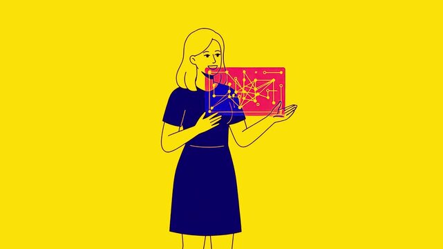 Woman Presenting Digital Data Network Connection Explaining AI Technology, Professional Woman Showing Holographic Graph Interface Concept Vector Animation