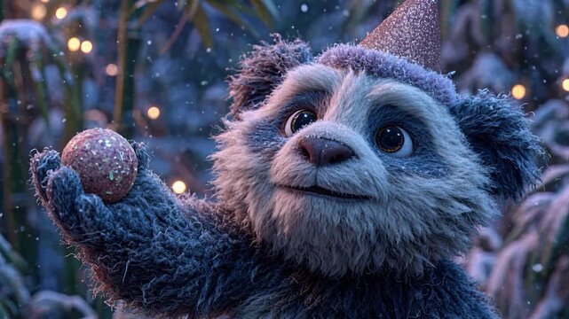 Animated panda in holiday outfit, joyful expression, warm indoor setting with Christmas decorations and snowy outdoor view, detailed animation style, eye-level perspective - AI-Generated