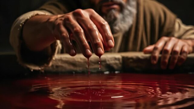 Moses' hand touching the blood-red water is a reference to the biblical Ten Plagues of Egypt, the bloody punishment that was the first plague of the Egyptians sent by God.