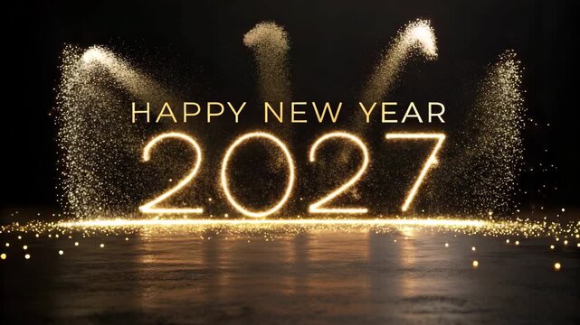 Golden Glittering 2027 Happy New Year Text with Spotlights and Reflections