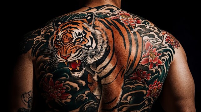 A man with a large tattoo of a tiger on his back