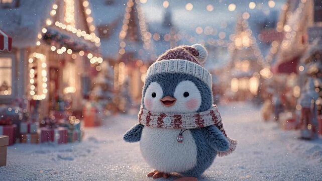 Anthropomorphic penguin in red scarf and hat, standing amidst a festive winter setting with buildings decorated for Christmas, Chinese New Year, and snow - AI-Generated