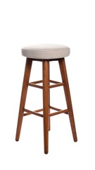A wooden bar stool with a cushioned seat