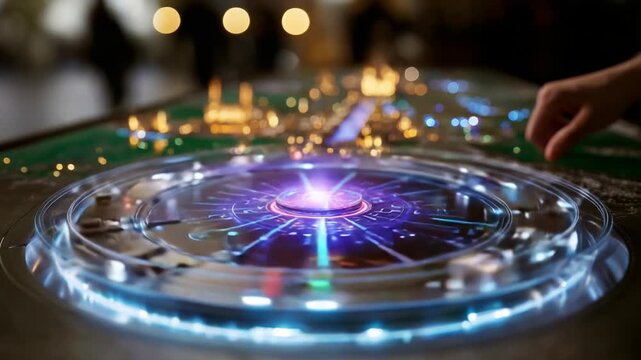 A Captivating Glimpse of a Futuristic Interactive Holographic Display Featuring a Dynamic 3D City Landscape, Illuminated by a Vibrant Spectrum of Colors
