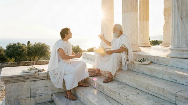 Ancient Greek philosophers discussing science and politics on marble temple steps. Old mentor teaching young student with a scroll outdoors. History and wisdom concept