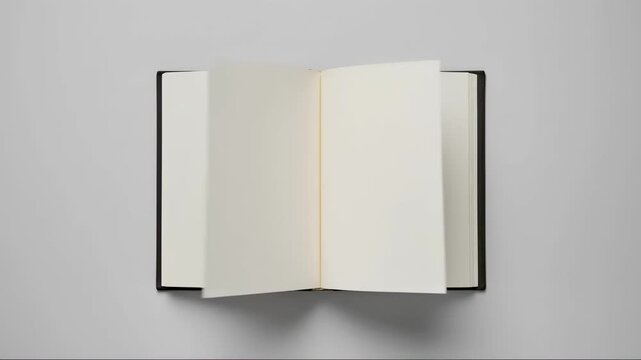 Top view of an open book with blank white pages flipping automatically. Empty notebook paper turning with copy space for text. Education and storytelling mockup background