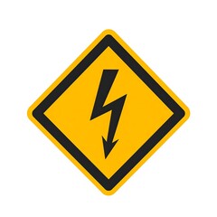A yellow diamond-shaped warning sign with a black border and lightning symbol