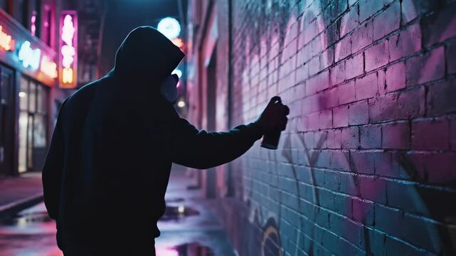 Hooded vandal spray painting graffiti on brick wall