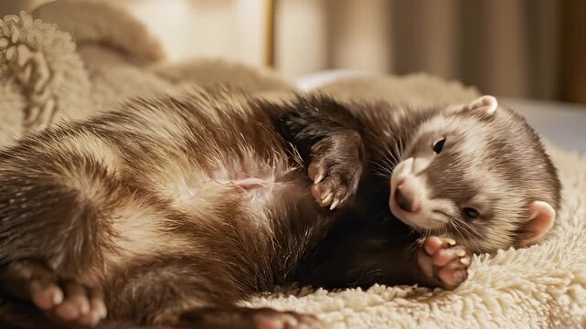 Two adorable ferrets sleeping peacefully on a cozy blanket.