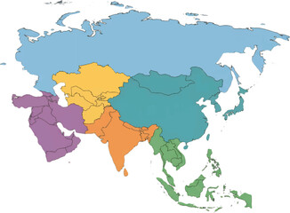 Obraz premium Continental Asia Map with Color-Coded Subregions Illustrating Diverse Geographic Areas