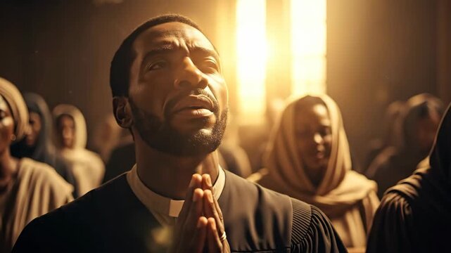 African Americans pray in church with their parishioners. An African American pastor and the Christian congregation worship God. Religious ceremony.