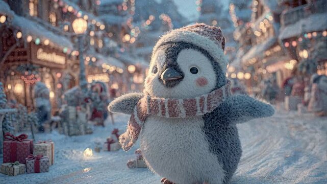 A nighttime winter scene featuring a penguin dressed as Santa, surprised or excited, against snow Buildings with lights and garlands are decorated for Christmas and Chinese New Year A - AI-Generated