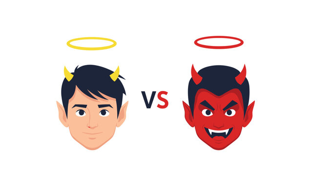 Conceptual comparison features a normal man with angel and devil traits facing off against a fully red devil character.