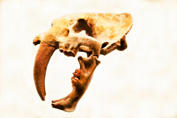 The skull of the smilodon saber-toothed cat (Latin Smilodoncalifornicus) is isolated on a white background. Paleontology late Pleistocene fossil animals of the ancient world. © Victor1153