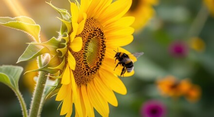 Obraz premium Bumblebee on Sunflower - A Sunny Summer Day in the Garden.