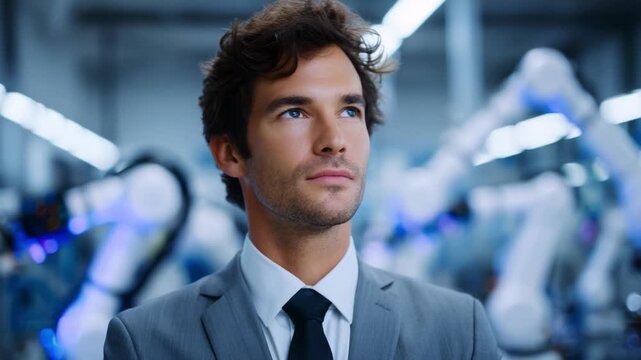 A focused professional in formal wear stands amidst advanced robotic technology, contemplating the future of automation and innovation within a modern industrial environment 