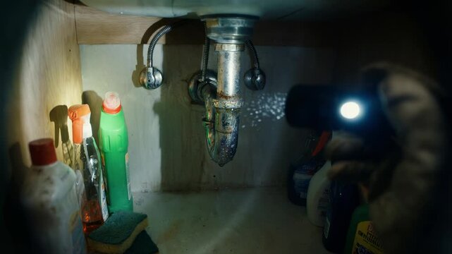 Plumber checking leaking sink pipe with flashlight in dark cabinet. Gloved hand inspecting water drip damage under kitchen counter. Home repair and maintenance service concept