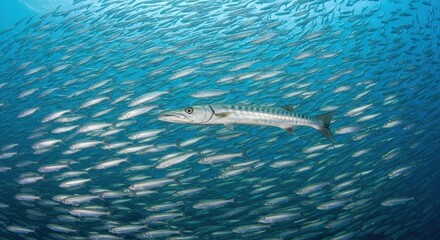 Obraz premium Barracuda Hunting Sardines in Clear Blue Ocean Waters.