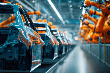 Obraz premium Industrial automotive factory scene with robotic arms assembling car bodies in a high-tech production line environment showcasing modern manufacturing processes