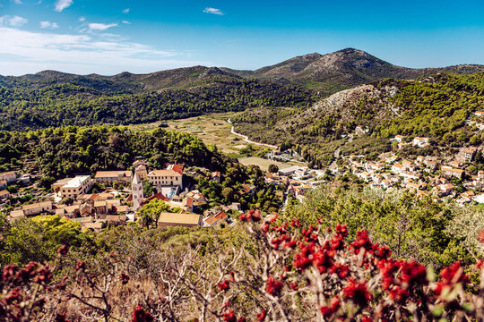 View of a charming village nestled among rolling hills covered in lush greenery, with red flowers in the foreground adding a vibrant splash of color, Lastovo, Dubrovnik-Neretva County, Croatia.