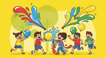 Obraz premium Happy Children Playing with Colorful Paint Balls on Bright Yellow Background