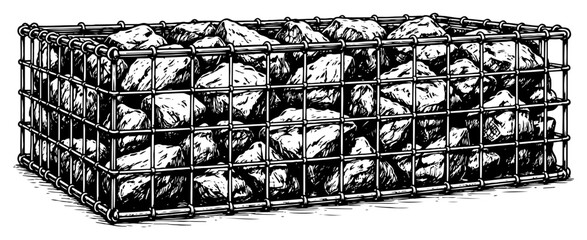 Gabion cage filled with large stones and rocks in vintage woodcut style illustration © Logan