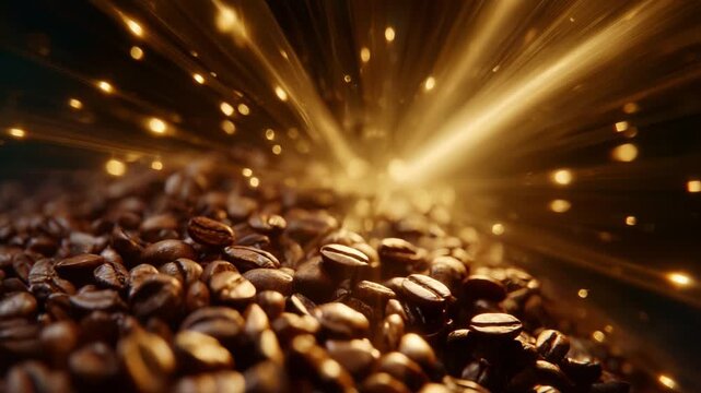 A Stunning Visual of Roasted Coffee Beans with Floating Beans and Sparkling Light Effects, Capturing the Essence of Freshly Brewed Coffee Experience