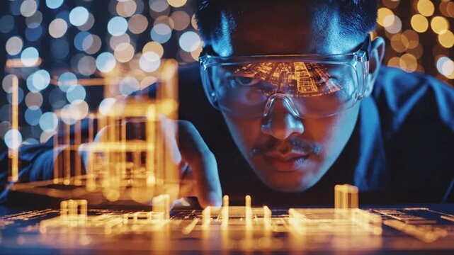 Engineer analyzing futuristic cityscape model with augmented reality glasses at night