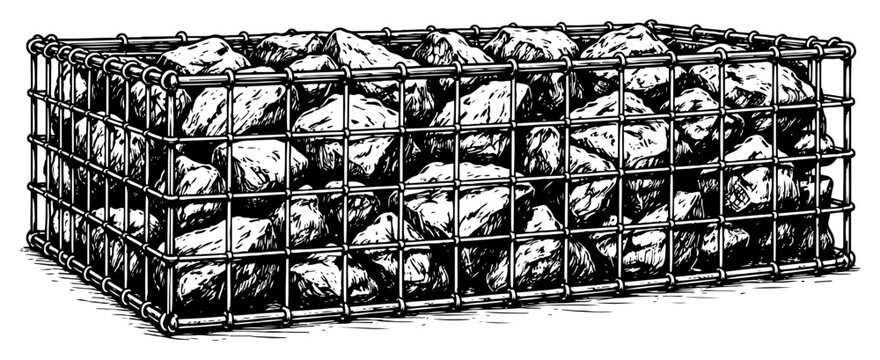 Gabion cage filled with large stones and rocks in vintage woodcut style illustration