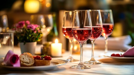 Naklejka premium A romantic dinner setup with wine glasses and a candlelit table in a cozy restaurant ambiance