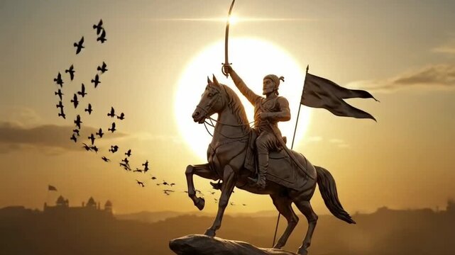 Shivaji Maharaj statue horse ride video motion animated footage with raised sword at sunrise expressing Maratha courage heritage leadership and patriotism