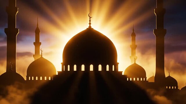 Beautiful mosque silhouette against a vibrant sunset background with multiple domes and minarets
