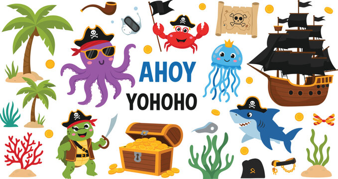 Cute Pirate Cartoon Character Icon Set with Treasure Ship Octopus Shark and Nautical Adventure Elements for Kids Designs