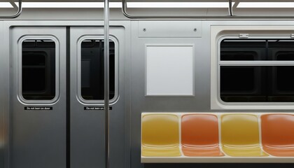 Obraz premium Modern subway train interior with empty seats, blank advertisement frame, and closed doors, perfect for copy space.