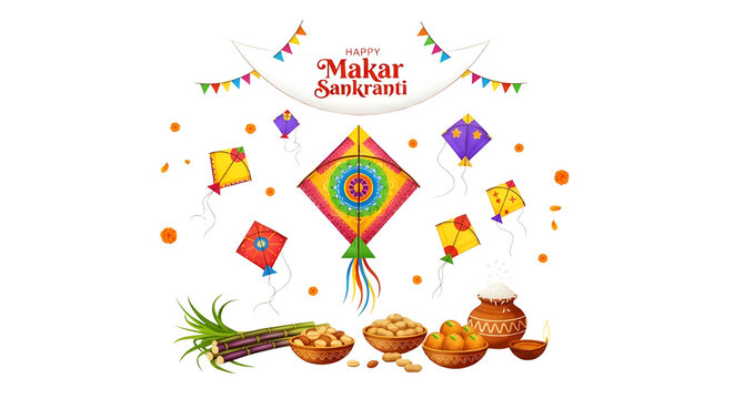 Makar Sankranti festival celebration with colorful kites, sugarcane, sweets, and traditional pots, Hindu holiday design isolated PNG with Transparent Background